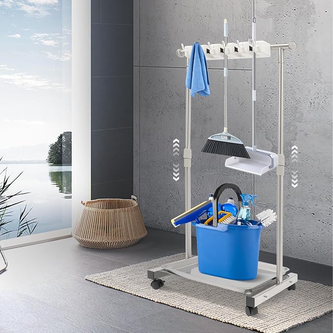YIYIBYUS Movable Broom mop Holder, Garden Tool Organizer 5 Slots with Hooks, Floor Standing Cleaning Tool Rack Stainless Hold Long-Handled Tool/Rake/Broom for Garage, Closet,Cabinet