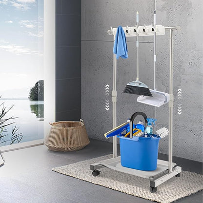 YIYIBYUS Movable Broom mop Holder, Garden Tool Organizer 5 Slots with Hooks, Floor Standing Cleaning Tool Rack Stainless Hold Long-Handled Tool/Rake/Broom for Garage, Closet,Cabinet