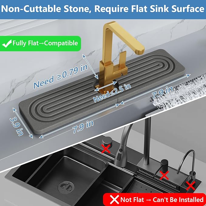 24'' Longer Stone Faucet Mat for Kitchen Sink [Super Absorbent, 30s Quick Drying] Water Absorbing Stone Tray for Sink Stone Mat for Kitchen Sink Stone Quick Dry Around Faucet Diatomite Stone Sink Tray