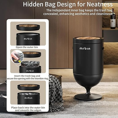 MRBIN Metal Motion Sensor Trash Can with Lid, 5.3 Gallon Wine Glass Shaped Automatic Waste Basket Touchless, Smart Round Tall Garbage with High Leg for Office, Bedroom, Kitchen, Black