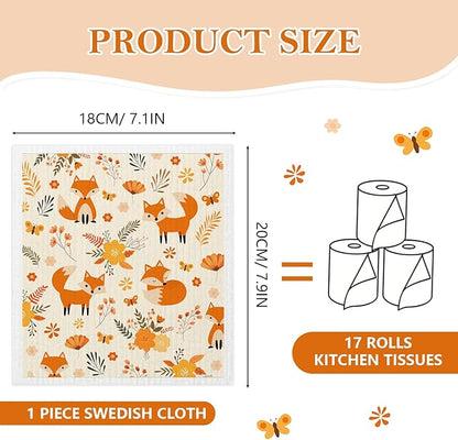 Mixed Fall Animal Swedish Kitchen Dishcloths Dish Towels 6 Pack, Fox Dish Towels for Kitchen, Swedish Dishcloth with Deer, Paper Towels Reusable, Dish Cloth Towel Cleaning Wipe for Home Party