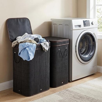 2 Pack 21 Gallon Bamboo Slim Trash Can with Lid Large Foldable Slim Rectangular Garbage Can Laundry Basket Bamboo Waste Basket for Bathroom Bedroom Office Home Salon Spa (Black)