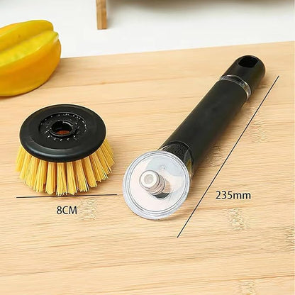 Soap Dispensing Dish Brush with Long Handle, Kitchen Scrub Brush for Pots, Pans, Sink and Dishes, Round, 9.25in, Plastic and Nylon Bristles (Yellow)