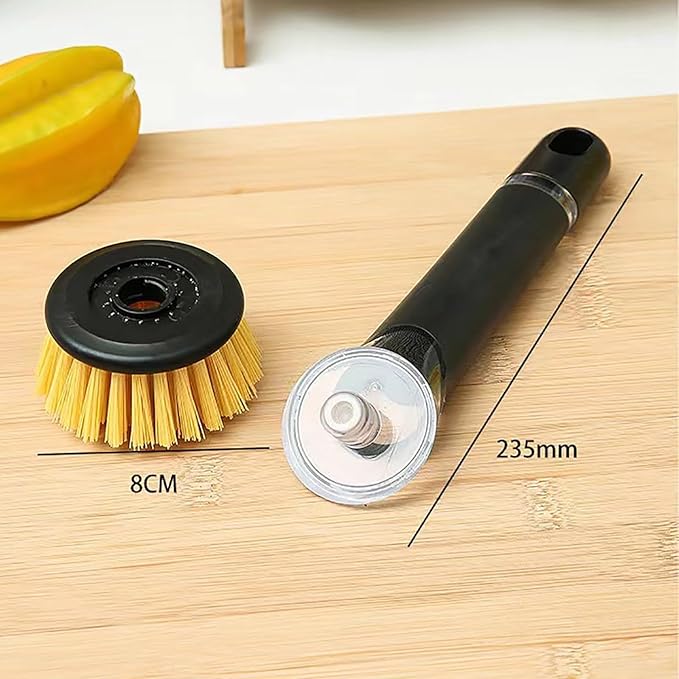 Soap Dispensing Dish Brush with Long Handle, Kitchen Scrub Brush for Pots, Pans, Sink and Dishes, Round, 9.25in, Plastic and Nylon Bristles (Gray)