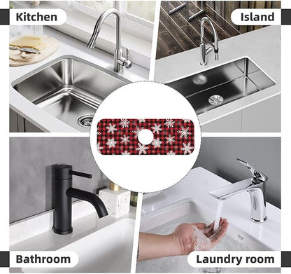 Snowflake Christmas Red Buffalo Plaid Kitchen Sink Splash Guard Faucet Mat Super Absorbent Fast Drying Mat Sink Gadgets-Fast Drying Pad Sink Mat For Kitchen Bathroom (15" X 5.5" )