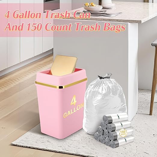 3 Pack Bathroom Trash Can with Lid 4 Gallon Small Trash Can with Swing Lid Bathroom Garbage Can with 150 Counts Trash Bags for Kitchen Bedroom Office(2 White 1 Pink)