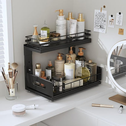 Under Sink Organizer Upgrade To Professional Rails,2-Tier Dual Pull Out Cabinet Storage,Height Adjustable Slide Out Drawers For Bathroom Kitchen,2 Pack-14.5"Dx12.8"-16.9"H,Black