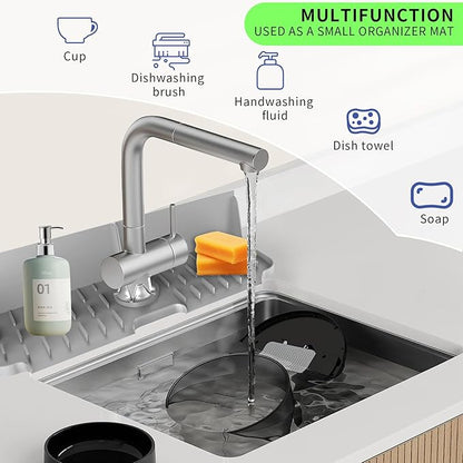 17” x 5.5” Silicone Faucet Handle Drip Catcher Tray Mat, Silicone Faucet Mat Dish Soap Sponge Holder for Kitchen Sink, Drying Mat for Kitchen Counter Bathroom Kitchen Sink Splash Guard - Grey
