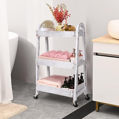 3-Tier Wooden Rolling Cart- Wooden Utility Cart wit Wheels- Utility Rolling Cart-Storage Trolley Organizer- Rolling Kitchen Serving Cart for Office,Kitchen, Kids' Room (Retro White)