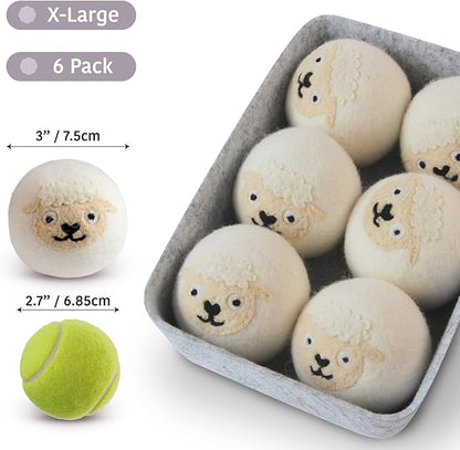 Wool Dryer Balls XL 6-Pack with Felt Storage Box, 100% Pure Wool Dryer Balls, Reusable Laundry Dryer Balls, Reduce Drying Time Wrinkles Static, Natural Fabric Softener Alternative (White Sheep)