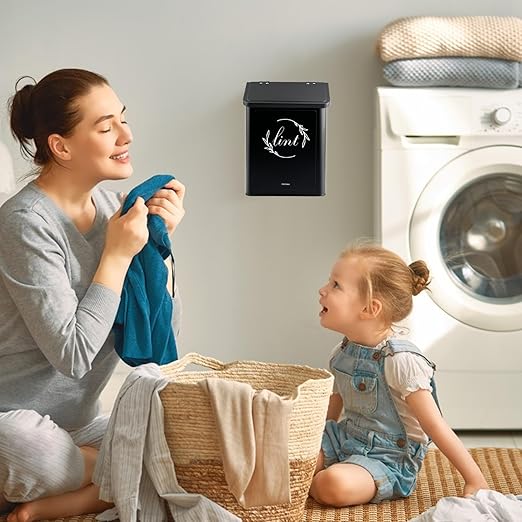 Magnetic Lint Bin for Laundry Room, Metal Lint Trash Can with Lid for Dryer, Wall Mounted Lint Holder Box with Lint Brush, Modern Farmhouse Laundry Room Decor, Black