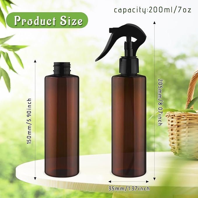 6-Pack 200ml Brown PET Plastic Spray Bottles with Black PP Head Empty Fine Mist Liquid Sprayer Multi-Purpose Atomizer Dispenser for Home,Garden and Beauty