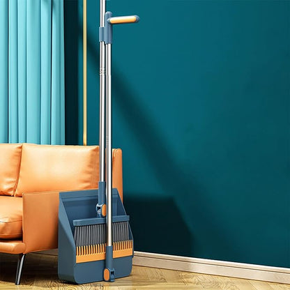 Broom and Dustpan Set, Long Adjustable Handle Indoor Sweeping Brooms, 180° Rotating Broom with Standing Storage and Scraping Teeth Dustpan to Clean Hair for Home Kitchen