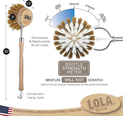 LOLA -The Original - Dishwashing & Vegetable Brush, Hardwood w/Poly Fiber Bristles, Reusable, Sustainable, Has EZ-Grip Handle - 1 Pack