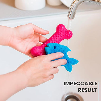 Vigar Pets Scrubber Sponge Set for Pet Bowls - Set of 4 Fish-Shaped Non-Scratch Dish Sponge for Dog & Cat Feeding Bowls, Double-Sided Reusable Scrub Sponges for Cleaning Dishes & Pet Plates - Blue