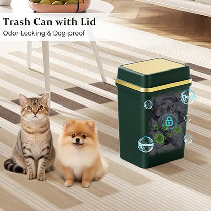 Bathroom Trash Can with Lid 4 Gallon Dark Green Trash Can with Press Top Lid Bedroom Trash Can Small Garbage Can with 150 Counts Trash Bags for Small Bathroom Bedroom Office