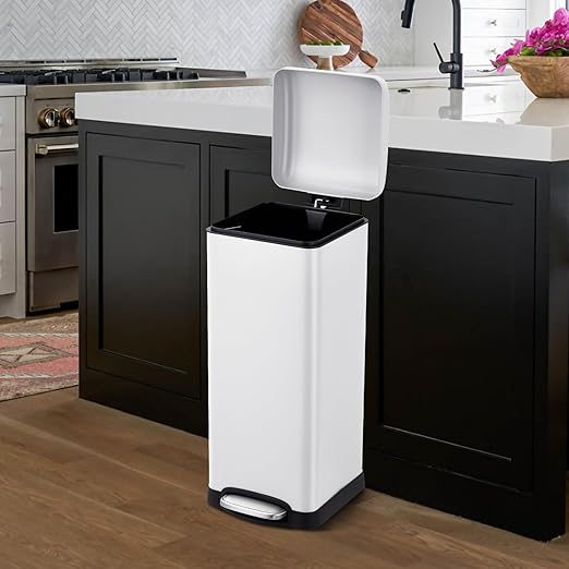 Garvee 8 gal/30 L Kitchen Trash Can, Fingerprint-Proof Stainless Steel Garbage Can with Soft-Close Lid, Recycle Bin with Removable Inner Buckets and Foot Pedal for Office Bedroom Bathroom, White