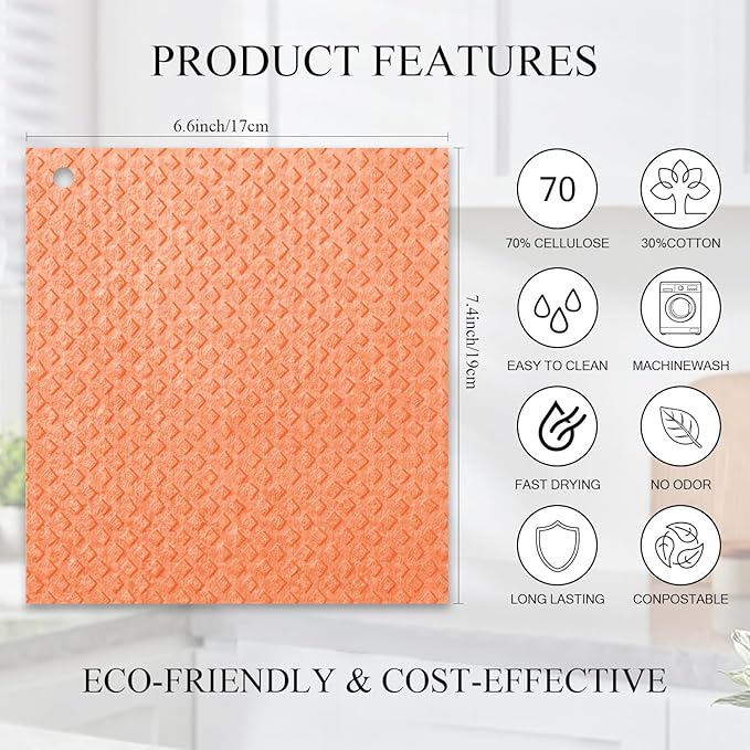 6 Packs Swedish Kitchen Dish Cloths - Reusable Paper Towels for Counters & Dishes - Eco Friendly Cellulose Sponge Cloth (Orange)