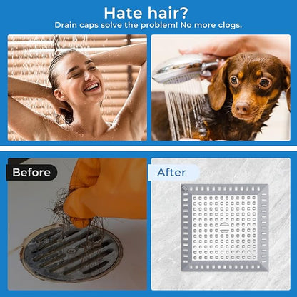Stainless Steel Square Shower Drain Cover, Square Shower Drain Hair Catcher with Silicone for Bathroom Floor to Keep Away from Clogged Drains