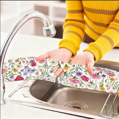 2 Pcs Kitchen Sink Splash Guard Faucet Mats Colorful Watercolor Flowers and Plants Pattern Faucet Mat for Sinks Absorbing Drying Mat for Kitchen Bathroom, 23.6x5.5inch