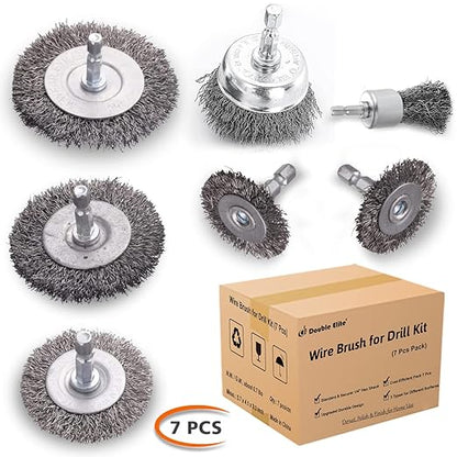 Double Elite 7 Pcs Wire Cup Brush for Drill, 1/4 Inch Hex Shank Abrasive Wire Wheel for Drill, Drill Wire Brush Attachments Set Coarse Crimped Carbon Steel for Home Use, Rust Removal, Polishing