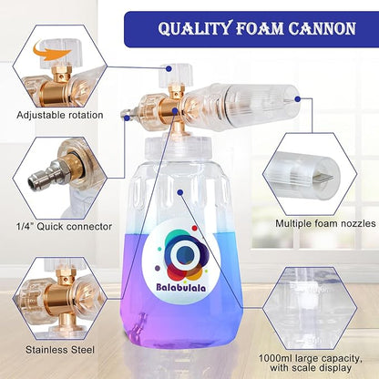 Foam Cannon for Pressure Washer with Dual Connector, Balabulala Car Foam Cannon with Dual Adapter, 1/4" Quick Connect,4200 PSI