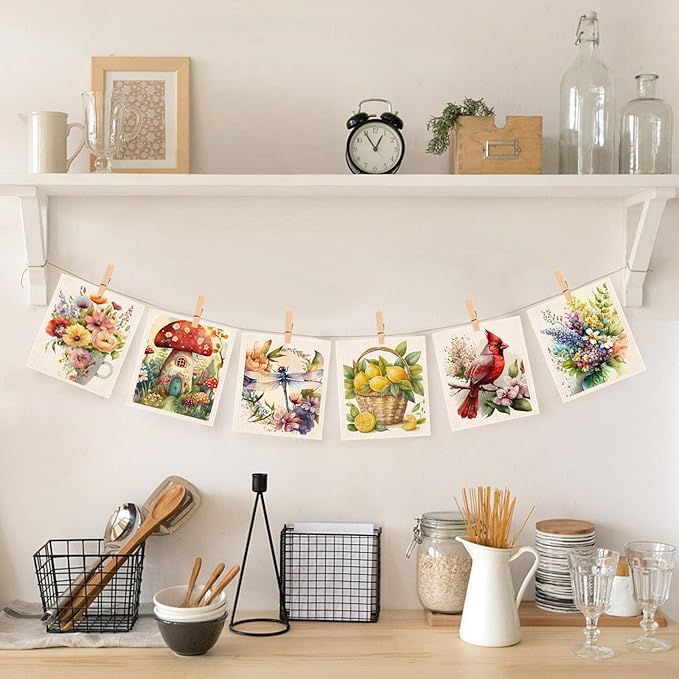 Spring Flowers Bird Swedish Dish Cloths - 6 Pack Reusable Compostable Kitchen Cloth, Cellulose Sponge Dish Towel Set