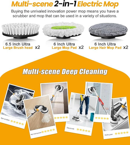 qimedo 800RPM Cordless Electric Mop, 6000mAh Battery Electric Power Scrubber & Mops for Floor Cleaning, Best Automatic Spin Mops with Smart Display,Rotating Mop with LED Light & Water Spray