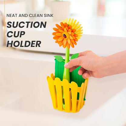 Vigar Flower Power Kitchen Sink Caddy Organizer - Dish Sponge Holder with Flower Dish Brush, Suction Cup & Sponge for Kitchen Sink, Decorative Kitchen Sink Accessories Countertop Storage Set - Orange