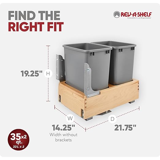 Rev-A-Shelf 35 Qt Bottom Mount Double Pullout Under Cabinet Kitchen Trash Cans w/Soft-Close for Base Cabinets, 150 Pound Rated Full-Extension Slides, Min Opening Width of 14.5", Gray, 4WCBM-18DM-2