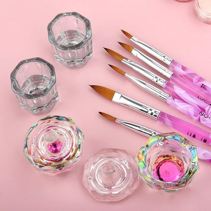 Acrylic Nail Brush Dappen Dish Set, 6PCS Nail Art Pen and 4PCS Crystal Dappen Dish, Manicure Bowl Cup Glass Container for Acrylic Liquid Nail Tool Kit