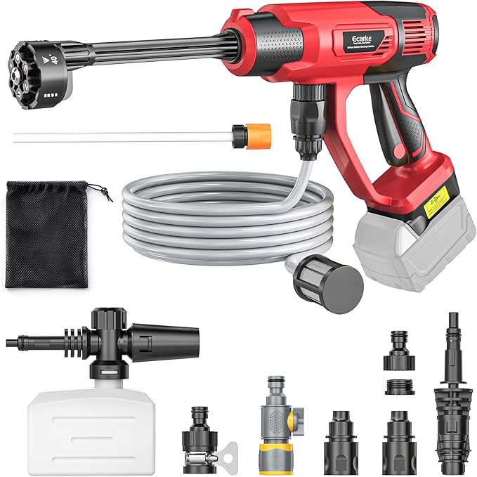 Ecarke Portable Car Cleaning Tool Compatible with Milwaukee 18V Battery, 6-in-1 Nozzle & Foam Cannon, 3-Speed Adjustment, 5m Hose, Brushless Motor for Car Floor, Patio, Fence(Tool ONLY, NO Battery)
