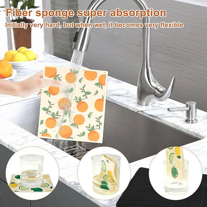 5Pcs Swedish Dishcloths for Kitchen, Quick-Drying Reusable Paper Towels, Absorbent Washable Kitchen Dish Rags, Soft Cellulose Sponge Cloths for Countertop Sink Flower Bird (5pcs Fruits)