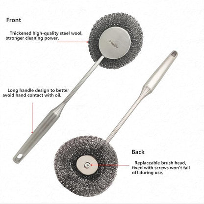Stainless Steel Wool Scrubber Set, Long Handle & Handle Brushes,Metal Brush for Pots, Pans, Grills & Cutlery Cleaning (3 Pack)