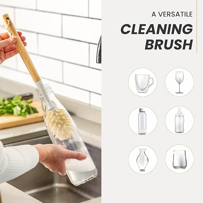 Vigar Zeroline 13.9" Bamboo Bottle Brush With Long Handle - Water Bottle Brush for Glassware, Tumblers, Jars and Vases, Kitchen Dish Scrubber, Wooden Bottle Cleaner, Dish Brush for Sink, Kitchen Brush