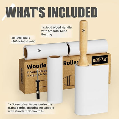 Flat Tear Lint Roller with Wooden Handle- 6.3 Inch Refills, 4 Rolls x 90 Sheets with Adjustable Tool | Pet Hair Remover for Furniture, Clothing | Ergonomic Grip, Straight-Tear Design