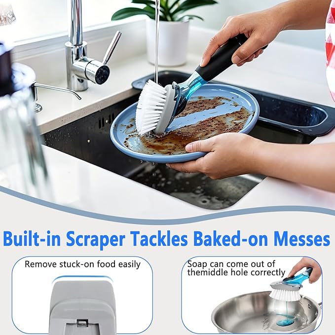 Dish Brush Refill Heads Compatible with OXO Soap Dispensing Dish Scrub Brush, Nylon Bristles with Built-in Scraper, Suitable for Non-Stick Cookware, 4 Pack