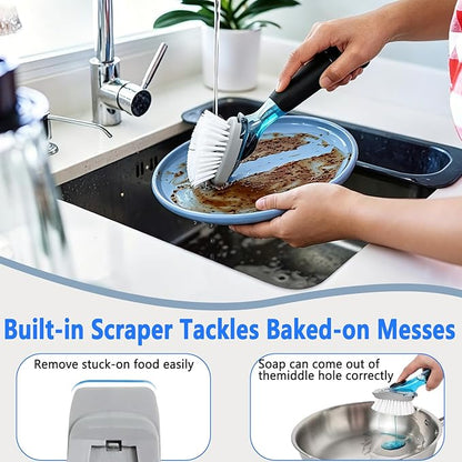 Dish Brush Refill Heads Compatible with OXO Soap Dispensing Dish Scrub Brush, Nylon Bristles with Built-in Scraper, Suitable for Non-Stick Cookware, 4 Pack