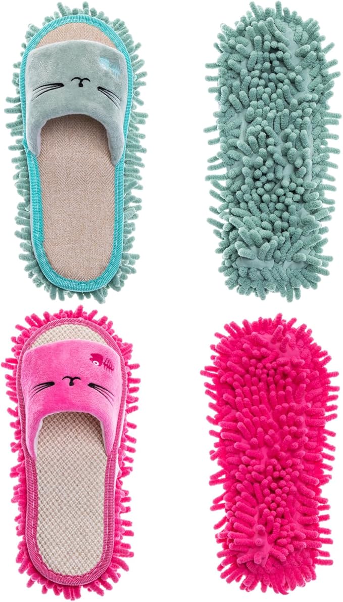 HooLing 2 Pairs Microfiber Mop Slippers for Floor Cleaning Detachable House Mop Shoes Men and Women Washable Unisex Dusting Slippers Dirt Tool Supplies(Rose Red, Green,Men's 7-9, Women's 8-10)