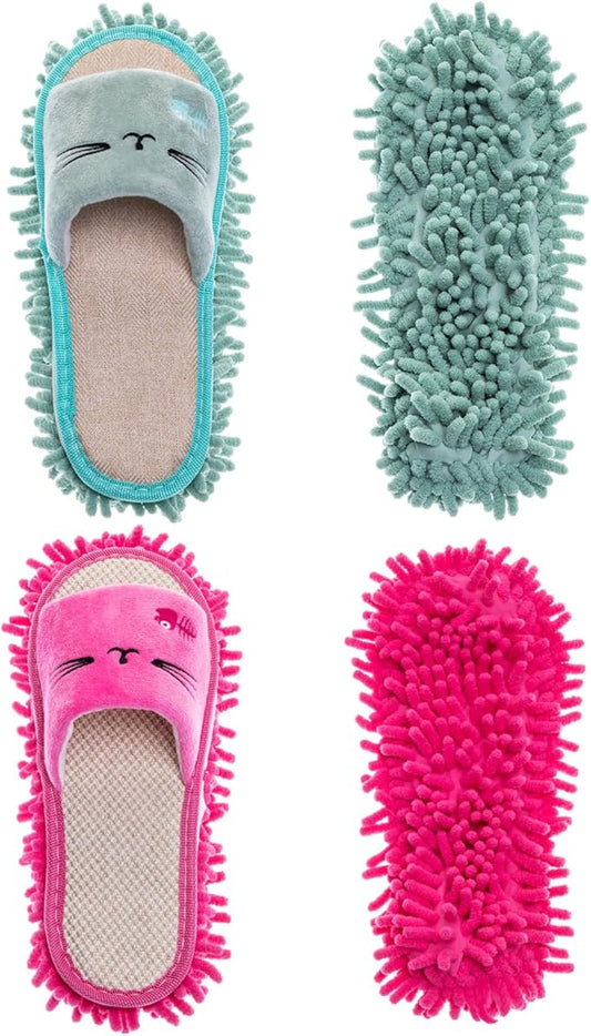 HooLing 2 Pairs Microfiber Mop Slippers for Floor Cleaning Detachable House Mop Shoes Men and Women Washable Unisex Dusting Slippers Dirt Tool Supplies(Rose Red, Green,Men's 7-9, Women's 8-10)