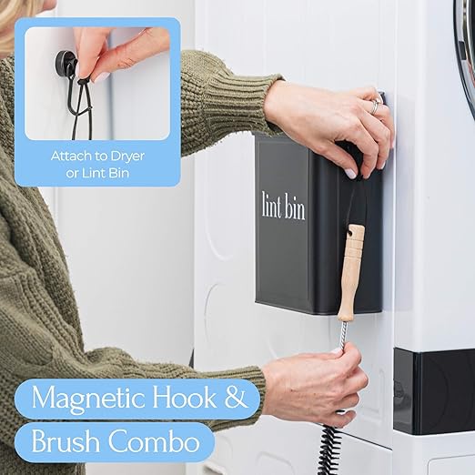 Magnetic Laundry Lint Bin for Dryer | Wall-Mounted Small Trash Can for Laundry Room | Includes Magnetic Hook & Lint Brush | Space-Saving Magnetic Laundry Trash Can | Matte Black