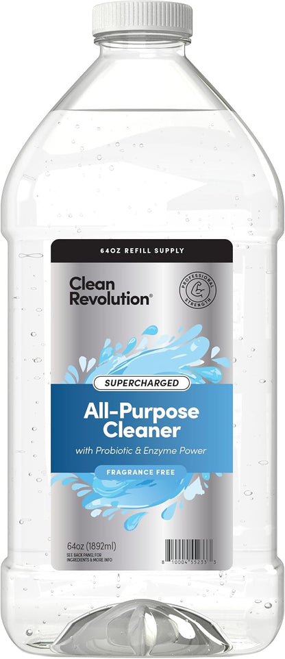 Clean Revolution SuperCharged All Purpose Cleaner Refill with Smart Probiotic + Enzyme Complex, Multi-Surface Kitchen Bathroom & Floor Cleaner, Fragrance Free, 64 Fl oz (Pack of 1)
