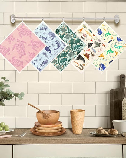 Miss Adola Swedish Dishcloths for Kitchen with Hooks - Reusable Dish Cloths for Washing Dishes Fast Drying Cute Fun 5 Pack Swedish Dish Towels Washable Cleaning Sponge, Deep Sea Fish
