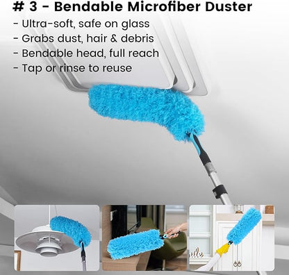 14FT High Reach Cleaning Kit - Includes 12FT Telescoping Extension Pole Bendable Chenille Duster & Microfiber Duster Cobweb Duster Glass Scrubber & Squeegee Swivel Head - for Ceiling Fans Windows