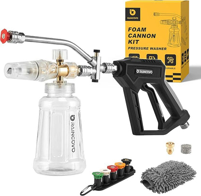 Raincovo Foam Cannon with Short Pressure Washer Gun, Dual Connector Accessories, Snow Soap Attachment for Car Wash, 5 Nozzles Tips with Holder, 1/4” Quick Connect, Additional 1.1 mm Orifice Nozzle