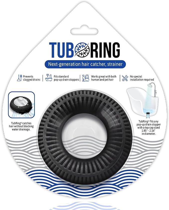 Hair Catcher for Shower Drain & Bathtub – TubRing Pop-Up Drain Protector & Strainer, Reusable Silicone Stopper for Bathroom Clog Prevention, Fits 1.85"–2.16" Drains | Black