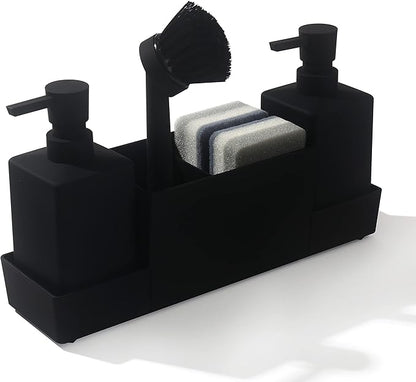 Kitchen Soap Dispenser with Sponge Holder Set for Sink Caddy, Hand Soap and Dish Soap Dispenser with Brush (Black)