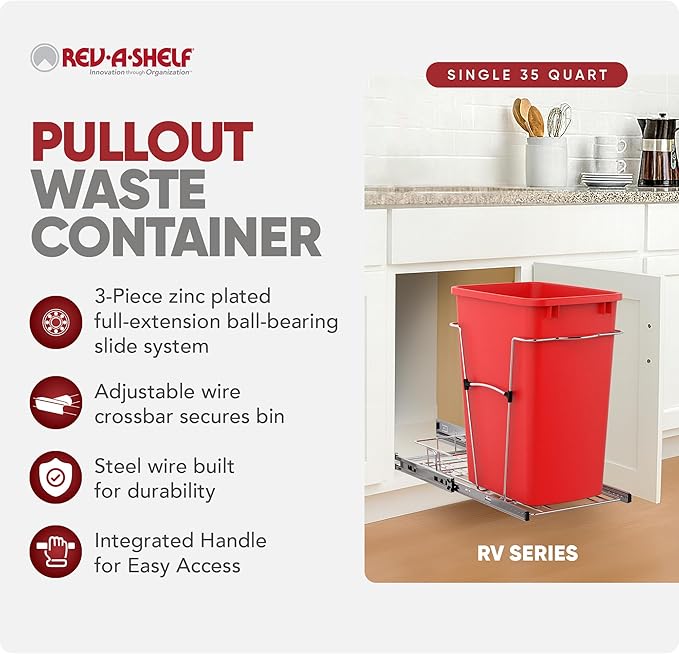 Rev-A-Shelf Pullout Trash Can for Kitchen Cabinets 35 Qt Garbage Waste Recyling Bin with Full Extension Slides, Red, RV-12KD-16C-S