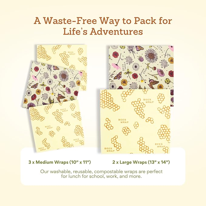 Bee's Wrap Beeswax Wraps for Food - Pack of 5 Assorted Wraps - 3 Medium & 2 Large Food Storage Bags - Meadow Magic & Honeycomb - Plastic Free Made in USA Reusable Kitchen Storage Bags