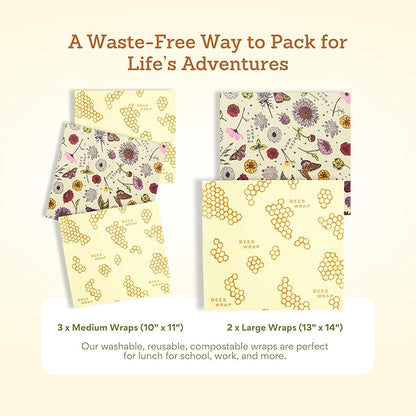 Bee's Wrap Beeswax Wraps for Food - Pack of 5 Assorted Wraps - 3 Medium & 2 Large Food Storage Bags - Meadow Magic & Honeycomb - Plastic Free Made in USA Reusable Kitchen Storage Bags